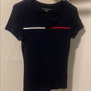 Tommy Hilfiger Women's Dark Blue Tee with Red and White Stripes